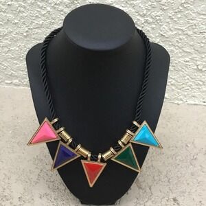 Multicolor Triangle Pendant Statement Necklace With Black Rope Chain & Gold Acce